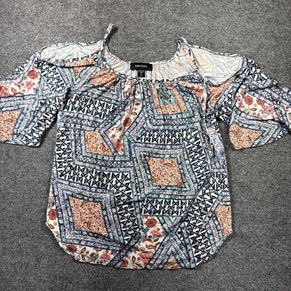 Karen Kane XS Paisley All Over Cold‎ Shoulder Curved Hem Boho Cottagecore